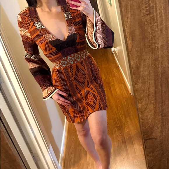 Free People Orange Pattern Bell Long Sleeve Knit Sweater Dress - Picture 5 of 7